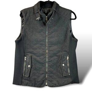 Fate Vest Womens Sz XL Black Wool Blend Quilted Full Zip Buckle Collar Rib Sides